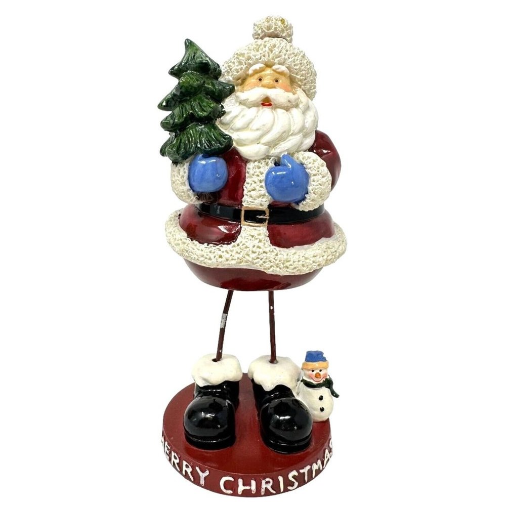 Vintage Bobble Santa Ceramic Body Metal Wire Legs Merry Christmas Red White  6"